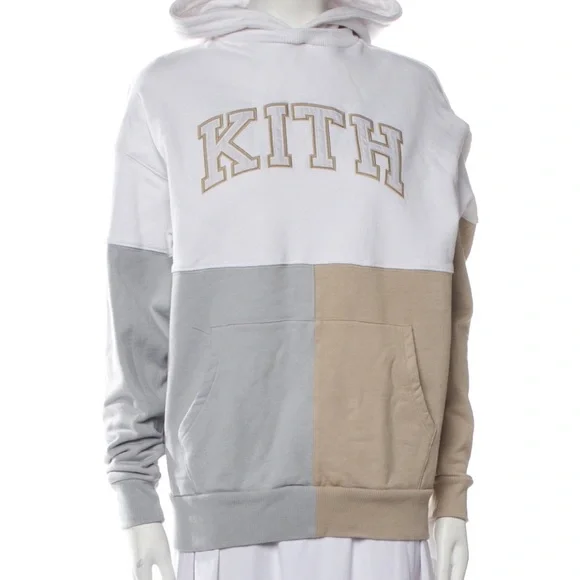 Kith Unisex Hoodie Colorblock College Sweatshirt in White, Gray, Tan - Picture 9 of 13